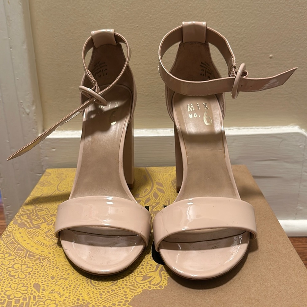 Patent pale pink/tan buckled heels